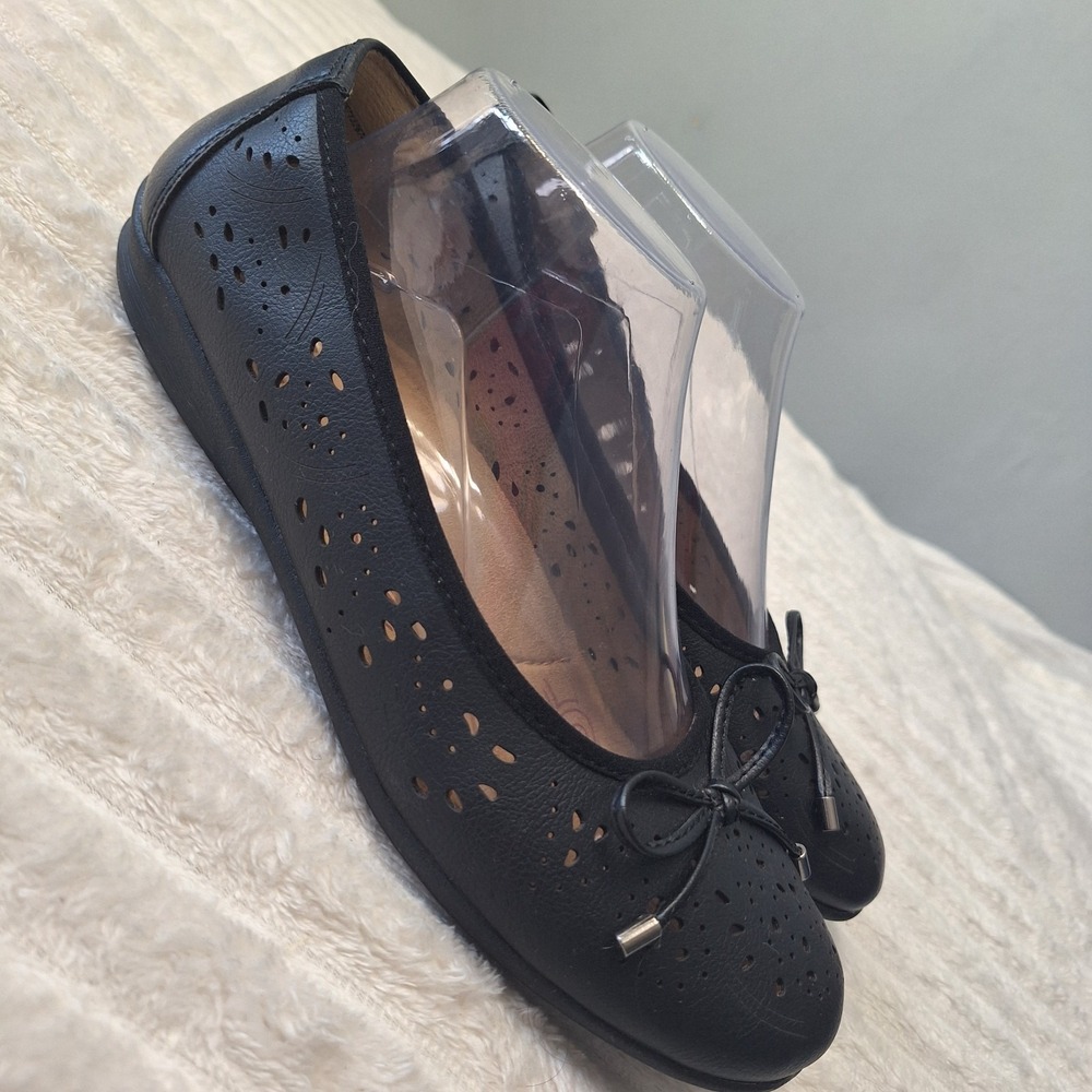 Earth Spirit Gelron Laser Cut Ballet Flats Women 9 Blk Bow Vegan Leather Comfort